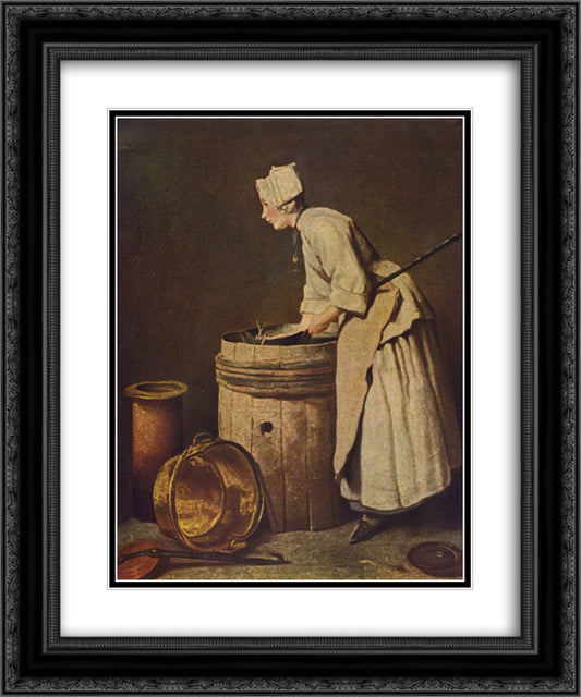 Frau, Geschirr scheuernd 20x24 Black Ornate Wood Framed Art Print Poster with Double Matting by Chardin, Jean Baptiste Simeon