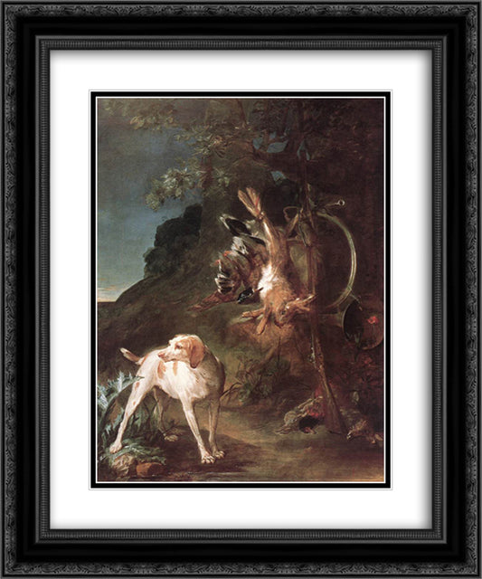 Game Still Life with Hunting Dog 20x24 Black Ornate Wood Framed Art Print Poster with Double Matting by Chardin, Jean Baptiste Simeon