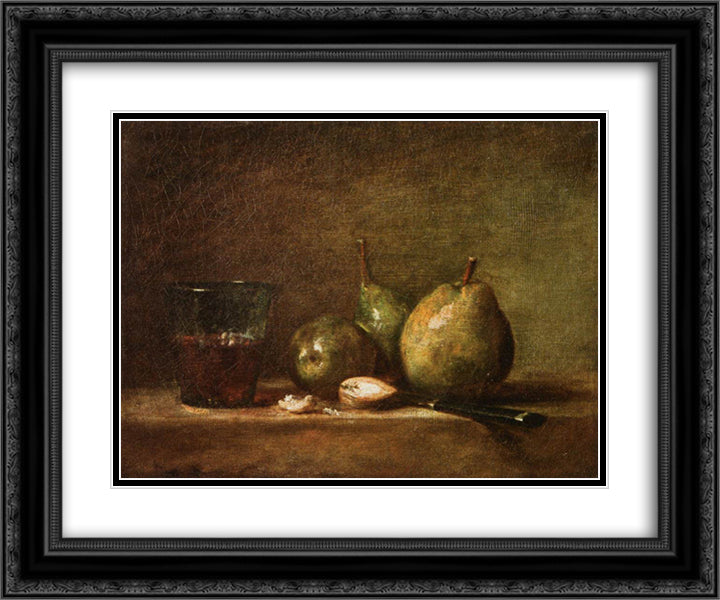 Pears, Walnuts and Glass of Wine 24x20 Black Ornate Wood Framed Art Print Poster with Double Matting by Chardin, Jean Baptiste Simeon