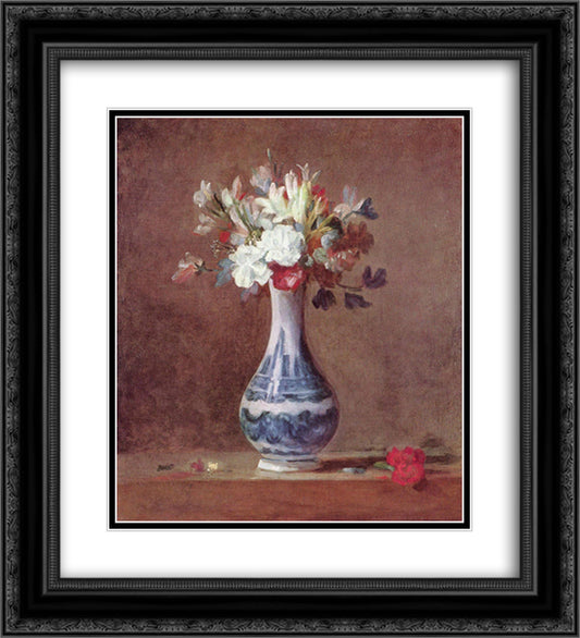 Still Life, Flowers in a Vase 20x22 Black Ornate Wood Framed Art Print Poster with Double Matting by Chardin, Jean Baptiste Simeon