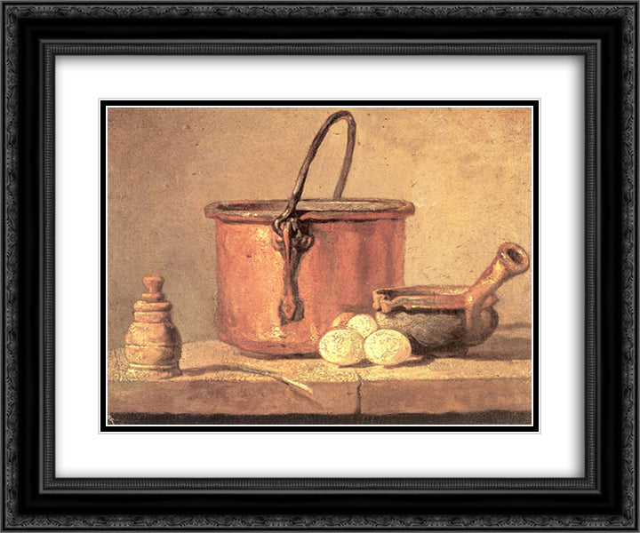 Still Life of Cooking Utensils, Cauldron, Casserole and Eggs 24x20 Black Ornate Wood Framed Art Print Poster with Double Matting by Chardin, Jean Baptiste Simeon