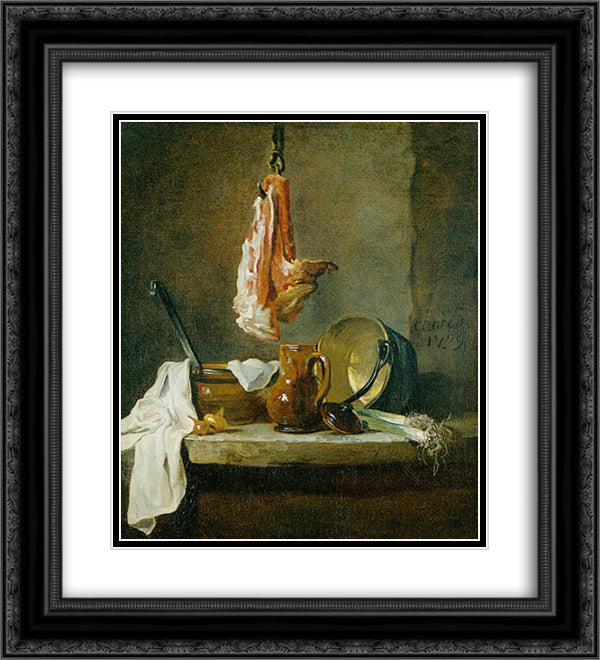 Still Life with a Rib of Beef 20x22 Black Ornate Wood Framed Art Print Poster with Double Matting by Chardin, Jean Baptiste Simeon