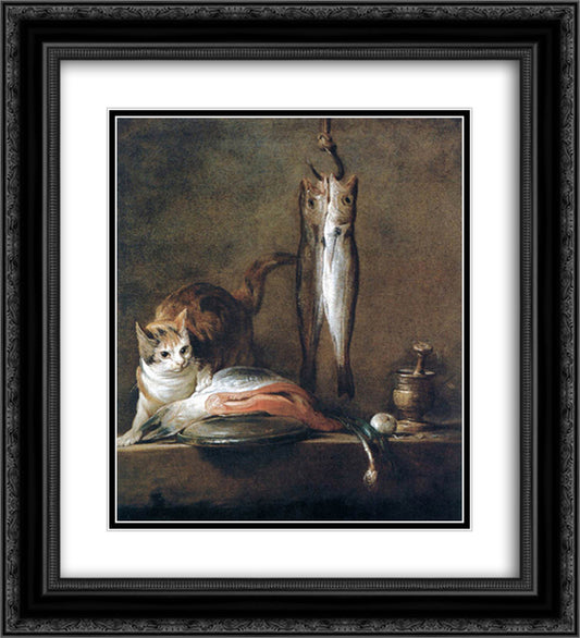 Still Life with Cat and Fish 20x22 Black Ornate Wood Framed Art Print Poster with Double Matting by Chardin, Jean Baptiste Simeon