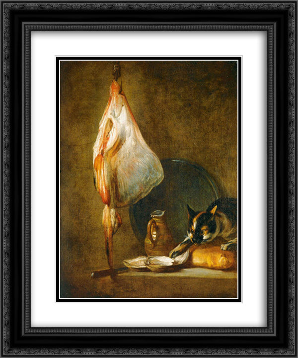 Still Life with Cat and Rayfish 20x24 Black Ornate Wood Framed Art Print Poster with Double Matting by Chardin, Jean Baptiste Simeon