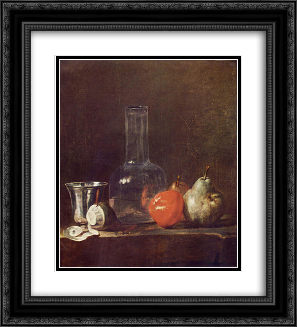 Still Life with Glass Flask and Fruit 20x22 Black Ornate Wood Framed Art Print Poster with Double Matting by Chardin, Jean Baptiste Simeon