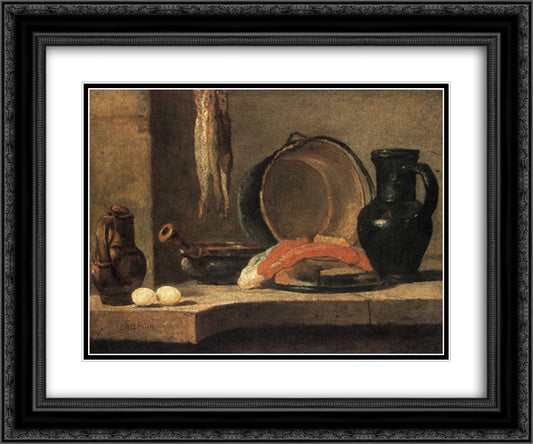 Still Life with Herrings 24x20 Black Ornate Wood Framed Art Print Poster with Double Matting by Chardin, Jean Baptiste Simeon