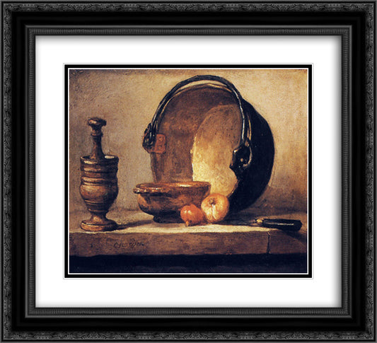 Still Life with Pestle, Bowl, Copper Cauldron, Onions and a Knife 22x20 Black Ornate Wood Framed Art Print Poster with Double Matting by Chardin, Jean Baptiste Simeon