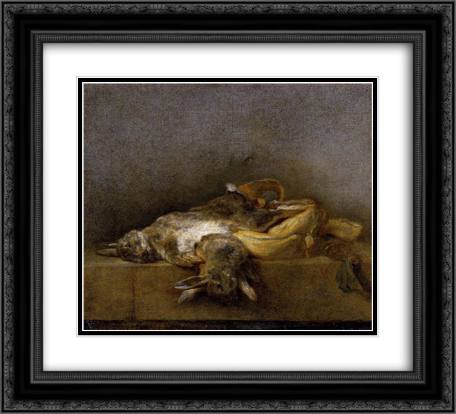 Still Life with Two Rabbits 22x20 Black Ornate Wood Framed Art Print Poster with Double Matting by Chardin, Jean Baptiste Simeon