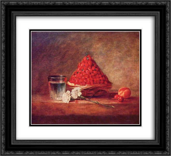 Strawberry Basket Canasta de fresas 22x20 Black Ornate Wood Framed Art Print Poster with Double Matting by Chardin, Jean Baptiste Simeon