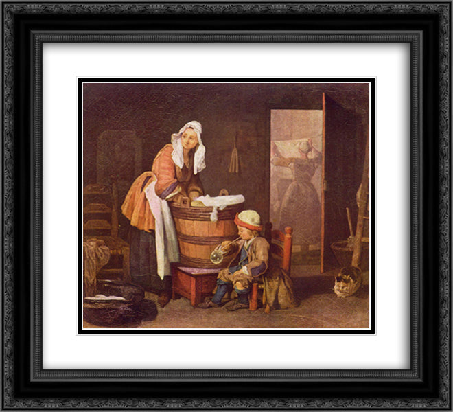 The laundress 22x20 Black Ornate Wood Framed Art Print Poster with Double Matting by Chardin, Jean Baptiste Simeon