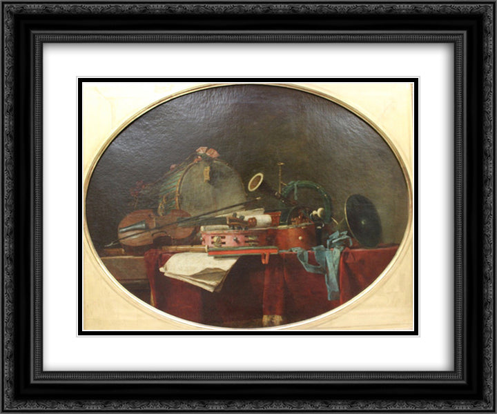 The instruments of music calendar 24x20 Black Ornate Wood Framed Art Print Poster with Double Matting by Chardin, Jean Baptiste Simeon