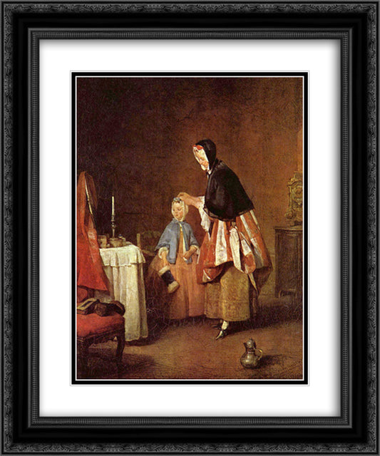 The morning toilet 20x24 Black Ornate Wood Framed Art Print Poster with Double Matting by Chardin, Jean Baptiste Simeon