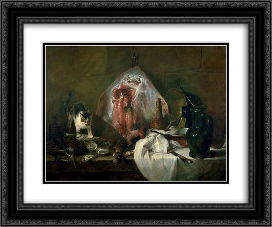 The Ray or, The Kitchen Interior 24x20 Black Ornate Wood Framed Art Print Poster with Double Matting by Chardin, Jean Baptiste Simeon