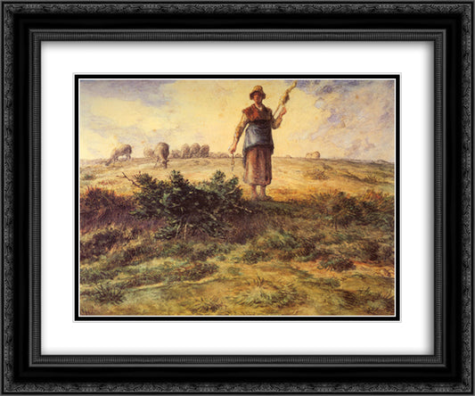 A Shepherdess And Her Flock 24x20 Black Ornate Wood Framed Art Print Poster with Double Matting by Millet, Jean Francois