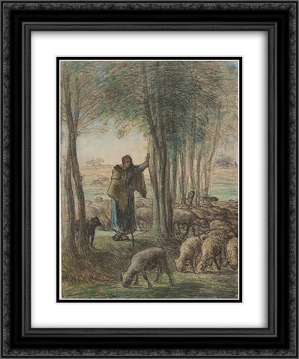 A Shepherdess and Her Flock in the Shade of Trees 20x24 Black Ornate Wood Framed Art Print Poster with Double Matting by Millet, Jean Francois