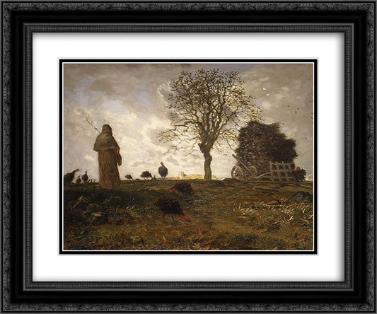 Autumn landscape with a flock of Turkeys 24x20 Black Ornate Wood Framed Art Print Poster with Double Matting by Millet, Jean Francois