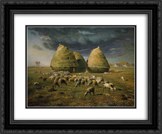 Haystacks Autumn 24x20 Black Ornate Wood Framed Art Print Poster with Double Matting by Millet, Jean Francois