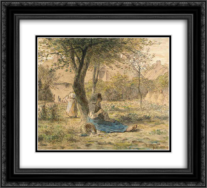 In the garden 22x20 Black Ornate Wood Framed Art Print Poster with Double Matting by Millet, Jean Francois