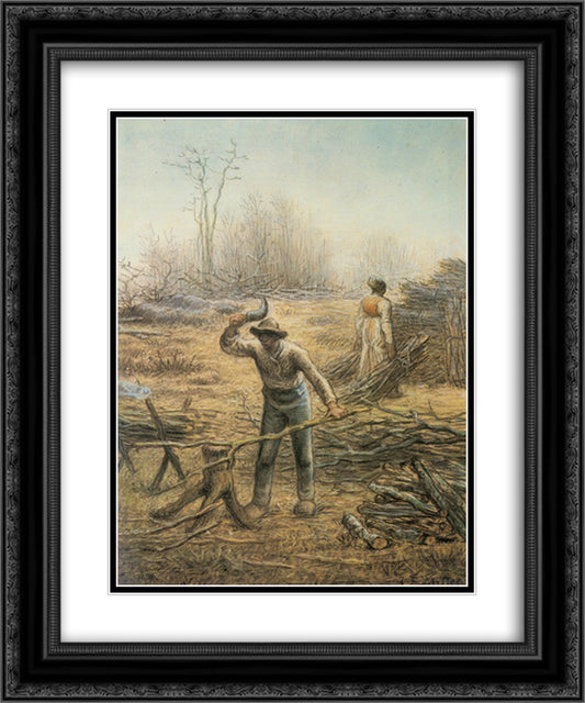 Lumberjack preparing firewood 20x24 Black Ornate Wood Framed Art Print Poster with Double Matting by Millet, Jean Francois