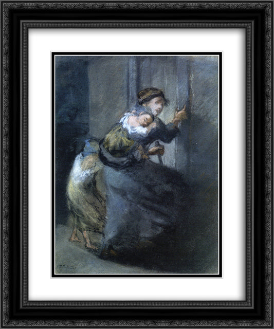 Mother and Two Infants 20x24 Black Ornate Wood Framed Art Print Poster with Double Matting by Millet, Jean Francois