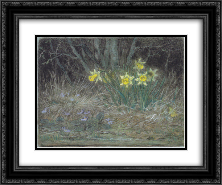 Narcissi and Violets 24x20 Black Ornate Wood Framed Art Print Poster with Double Matting by Millet, Jean Francois