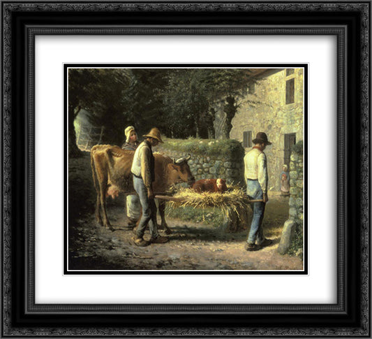 Peasants Bringing Home a Calf Born in the Fields 22x20 Black Ornate Wood Framed Art Print Poster with Double Matting by Millet, Jean Francois