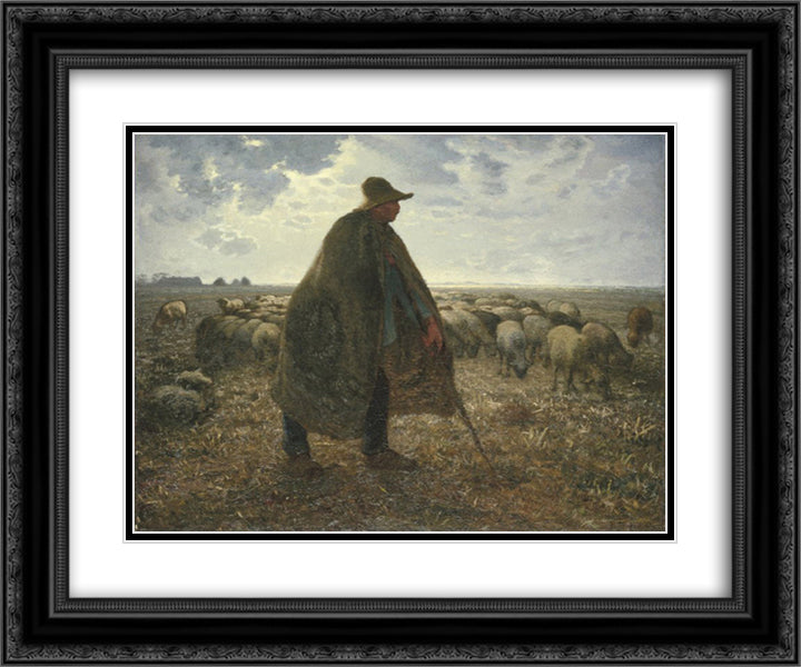 Shepherd Tending His Flock 24x20 Black Ornate Wood Framed Art Print Poster with Double Matting by Millet, Jean Francois