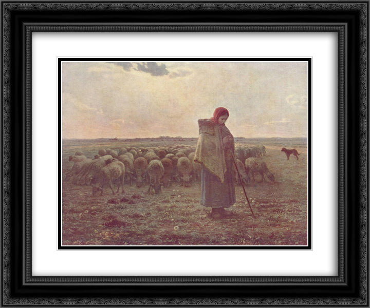 Shepherdess 24x20 Black Ornate Wood Framed Art Print Poster with Double Matting by Millet, Jean Francois