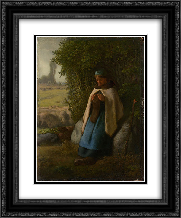 Shepherdess Seated on a Rock 20x24 Black Ornate Wood Framed Art Print Poster with Double Matting by Millet, Jean Francois