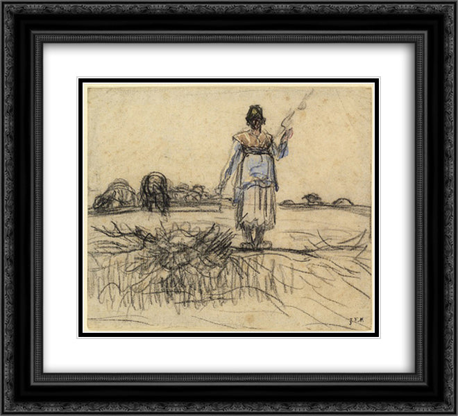 Shepherdess with the distaff in Auvergne 22x20 Black Ornate Wood Framed Art Print Poster with Double Matting by Millet, Jean Francois