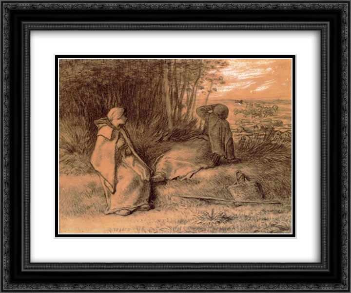 Shepherdesses Seated In The Shade 24x20 Black Ornate Wood Framed Art Print Poster with Double Matting by Millet, Jean Francois