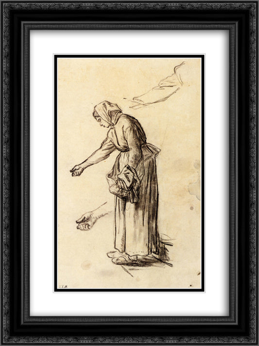 Study for a Woman Feeding Chickens 18x24 Black Ornate Wood Framed Art Print Poster with Double Matting by Millet, Jean Francois