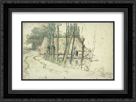 Surroundings of Vichy, house near the water 24x18 Black Ornate Wood Framed Art Print Poster with Double Matting by Millet, Jean Francois