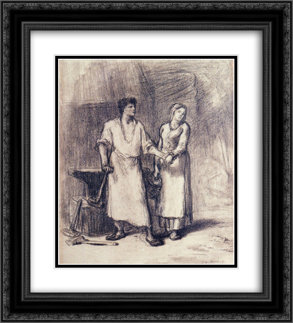 The Blacksmith and His Bride 20x22 Black Ornate Wood Framed Art Print Poster with Double Matting by Millet, Jean Francois