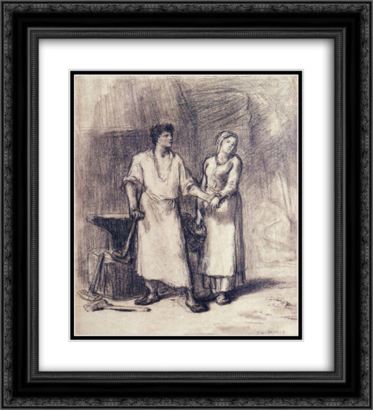 The Blacksmith and His Bride 20x22 Black Ornate Wood Framed Art Print Poster with Double Matting by Millet, Jean Francois