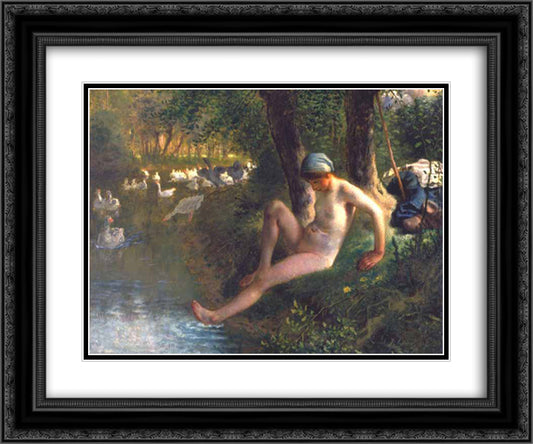 The Goose Girl 24x20 Black Ornate Wood Framed Art Print Poster with Double Matting by Millet, Jean Francois