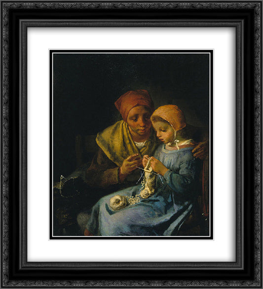 The Knitting Lesson 20x22 Black Ornate Wood Framed Art Print Poster with Double Matting by Millet, Jean Francois