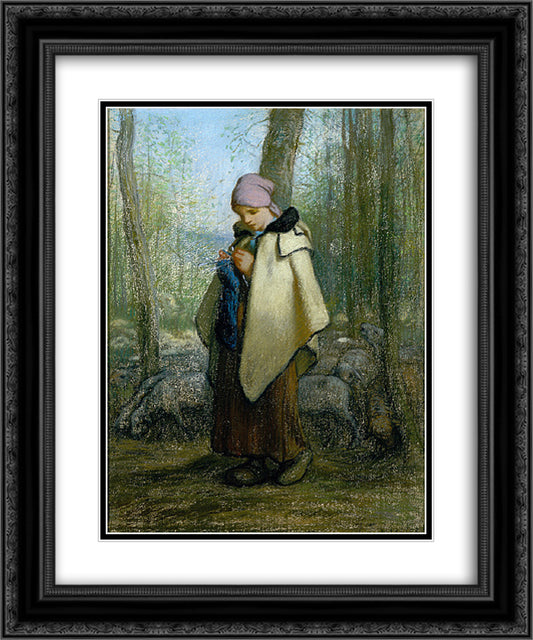 The Knitting Shepherdess 20x24 Black Ornate Wood Framed Art Print Poster with Double Matting by Millet, Jean Francois