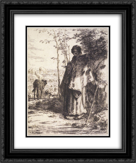 The Large Shepherdess 20x24 Black Ornate Wood Framed Art Print Poster with Double Matting by Millet, Jean Francois