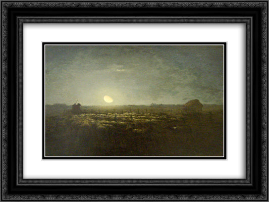 The sheep pen, moonlight 24x18 Black Ornate Wood Framed Art Print Poster with Double Matting by Millet, Jean Francois