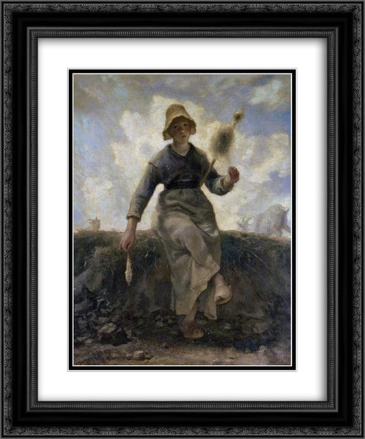 The Spinner, Goatherd of the Auvergne 20x24 Black Ornate Wood Framed Art Print Poster with Double Matting by Millet, Jean Francois