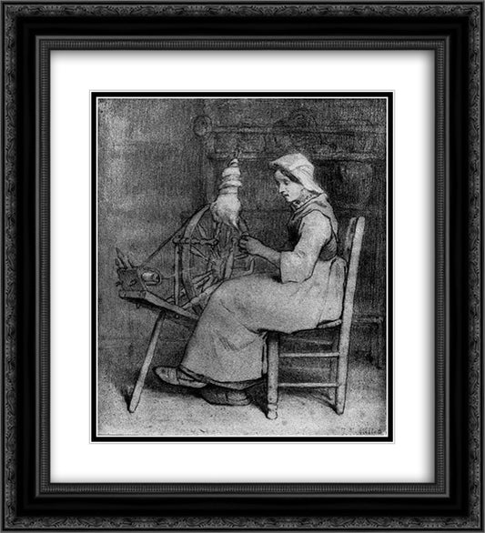 The spinner 20x22 Black Ornate Wood Framed Art Print Poster with Double Matting by Millet, Jean Francois