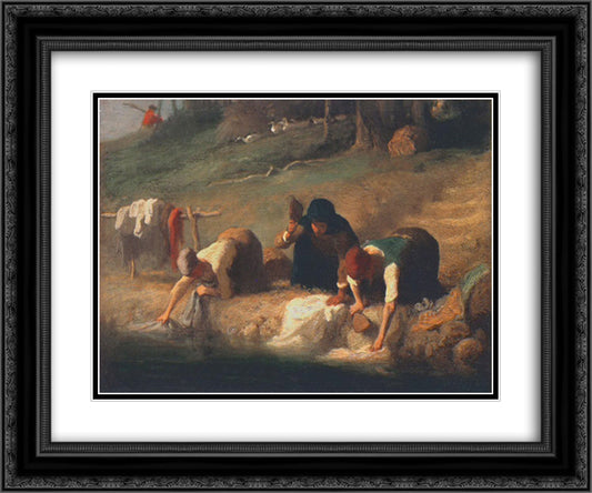 The Washerwomen 24x20 Black Ornate Wood Framed Art Print Poster with Double Matting by Millet, Jean Francois