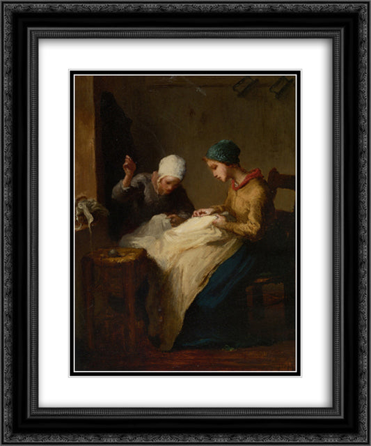 The Young Seamstress 20x24 Black Ornate Wood Framed Art Print Poster with Double Matting by Millet, Jean Francois