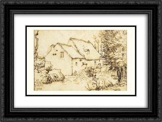 Water mill 24x18 Black Ornate Wood Framed Art Print Poster with Double Matting by Millet, Jean Francois