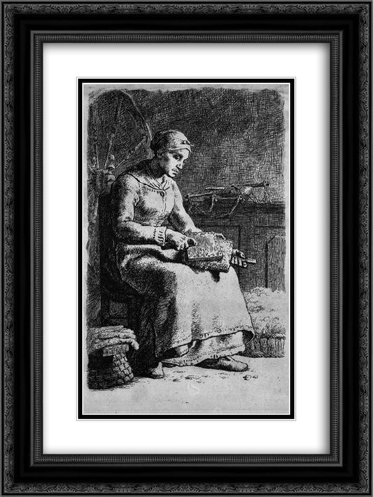 Woman Carding Wool 18x24 Black Ornate Wood Framed Art Print Poster with Double Matting by Millet, Jean Francois