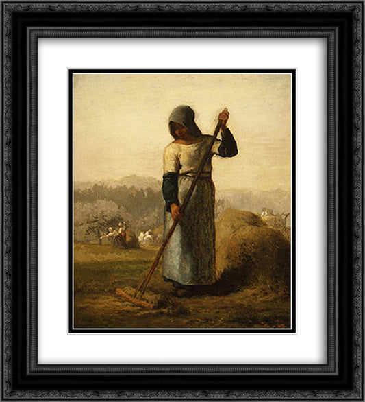 Woman with a rake 20x22 Black Ornate Wood Framed Art Print Poster with Double Matting by Millet, Jean Francois