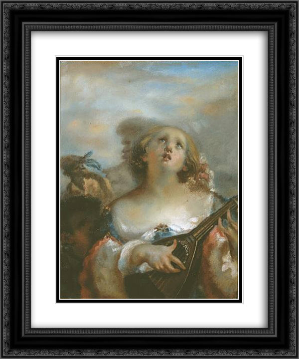 Young girl playing mandolin 20x24 Black Ornate Wood Framed Art Print Poster with Double Matting by Millet, Jean Francois