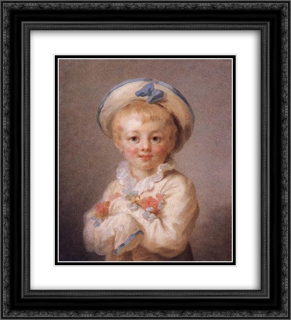 A Boy as Pierrot 20x22 Black Ornate Wood Framed Art Print Poster with Double Matting by Fragonard, Jean Honore