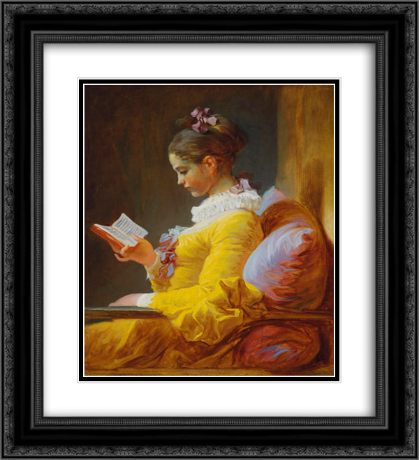 A Young Girl Reading 20x22 Black Ornate Wood Framed Art Print Poster with Double Matting by Fragonard, Jean Honore